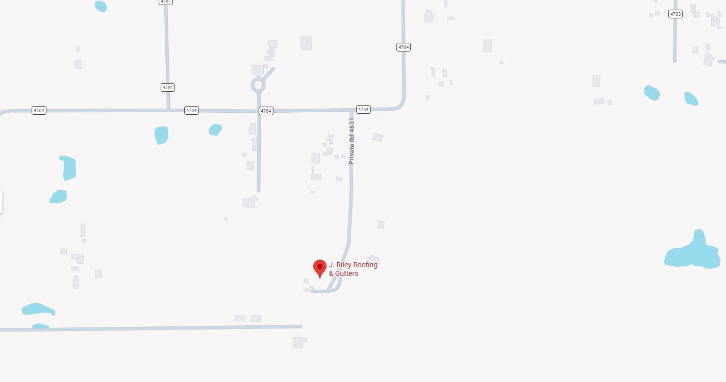 Map showing J. Riley Roofing & Gutters location in a rural area.