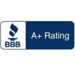BBB A+ rating badge for J. Riley Roofing & Gutters in a blue and white design.