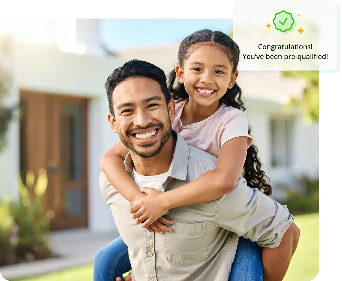 Happy man and girl outdoors with a congratulatory message overlay.