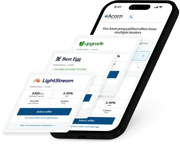 Smartphone displaying loan offers from Acorn, Upgrade, Best Egg, and LightStream.