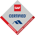 GAF Certified roofing contractor logo with residential roofing and roofing contractor text.