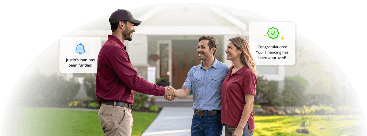 Two men and a woman shake hands in front of a house, celebrating a successful loan approval.