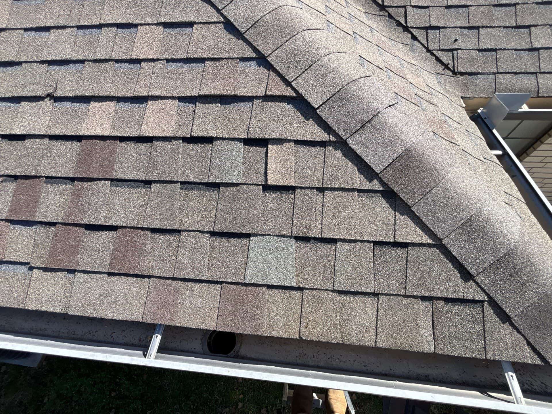 Close-up of asphalt shingle roof with a gutter and downspout visible.