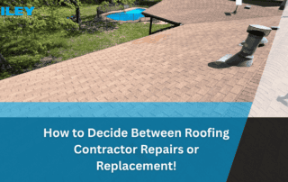 Roofing and gutter work site with a pool in the backyard, showing shingles and vent pipes.