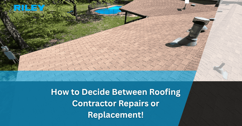 Roofing and gutter work site with a pool in the backyard, showing shingles and vent pipes.